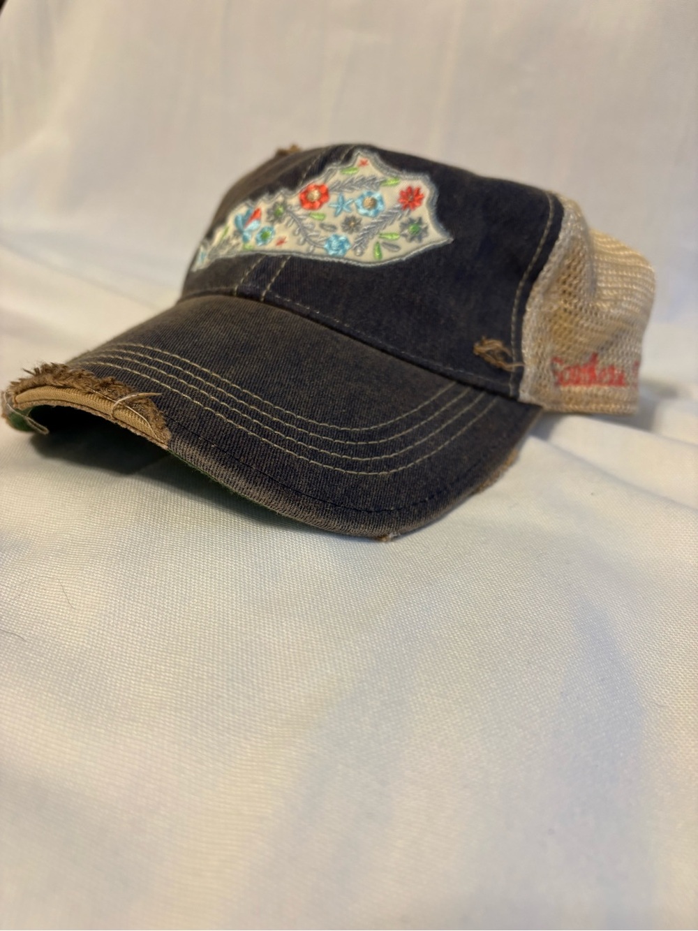 Embroidered Floral Kentucky Trucker Hat - Navy and Tan
